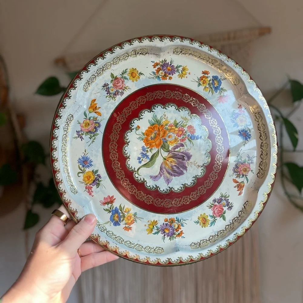 Vintage Daher Floral Metal Tray Red Gold Cottagecore Serving Tray England 12.5”